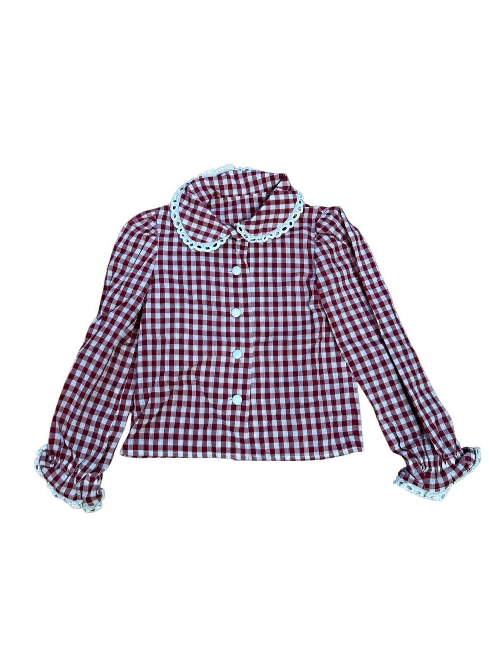 60e vintage Girls Small Gingham Button Down Shirt Red and White Homemade